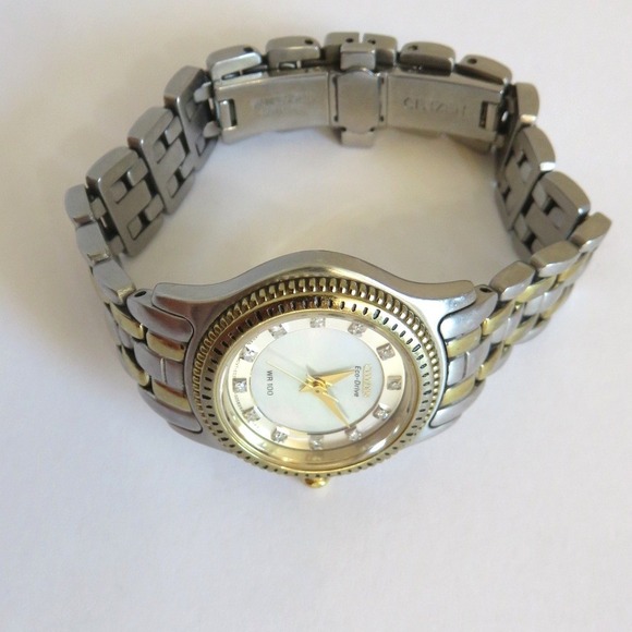 Citizen Eco-Drive Womens Two Tone Watch Mother of Pearl Sapphire Jeweled Dial main image 4